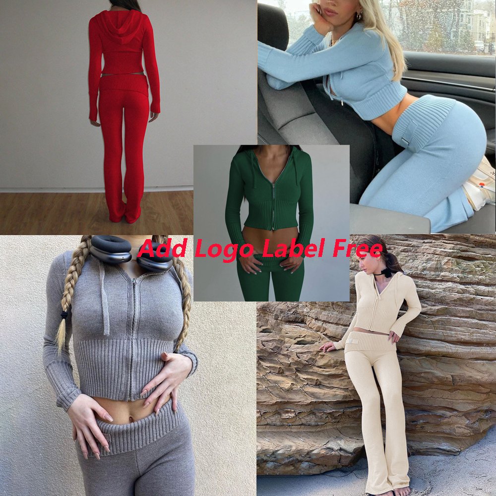 2024 Solid Casual Knitted Sweatshirt Set Long Sleeve Zipper Hooded Sweater Skinny Pants Suit Women Tracksuit Two Piece Sets