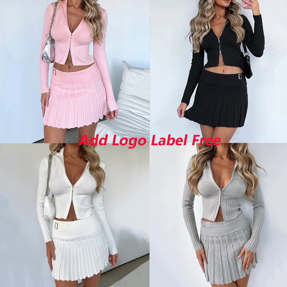 2024 Solid Casual Knitted Sweatshirt Set Long Sleeve Zipper Hooded Sweater Skinny Pants Suit Women Tracksuit Two Piece Sets