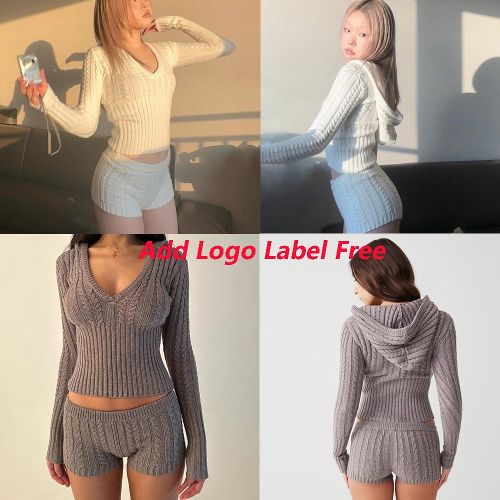 2024 Solid Casual Knitted Sweatshirt Set Long Sleeve Zipper Hooded Sweater Skinny Pants Suit Women Tracksuit Two Piece Sets