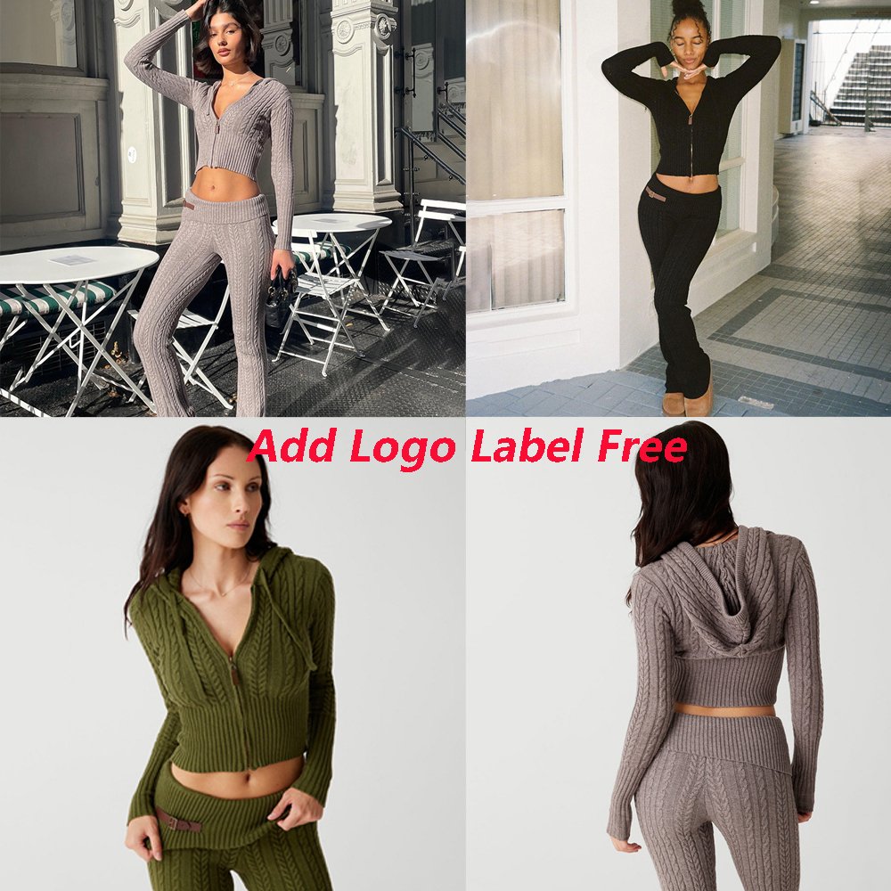 2024 Solid Casual Knitted Sweatshirt Set Long Sleeve Zipper Hooded Sweater Skinny Pants Suit Women Tracksuit Two Piece Sets