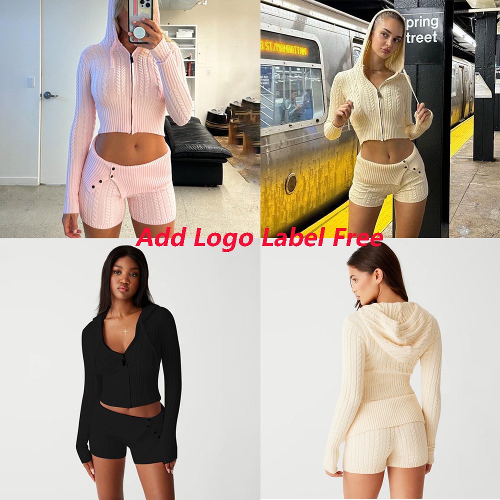 2024 Solid Casual Knitted Sweatshirt Set Long Sleeve Zipper Hooded Sweater Skinny Pants Suit Women Tracksuit Two Piece Sets