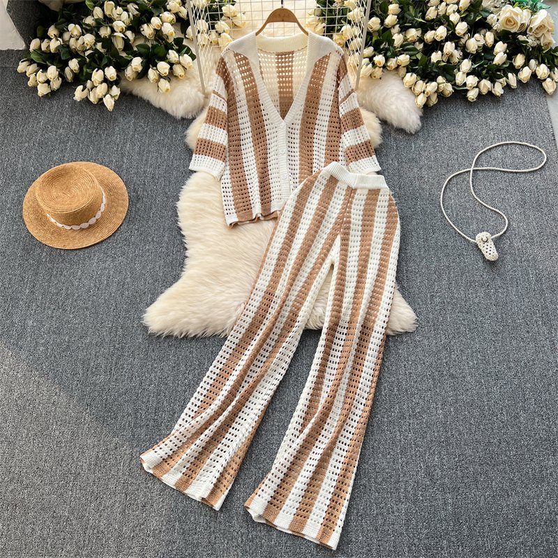 Hollow out knitted suit colormatching striped lapel single-breasted knitted cardigan top + loose slim wide-leg pants 2-piece set