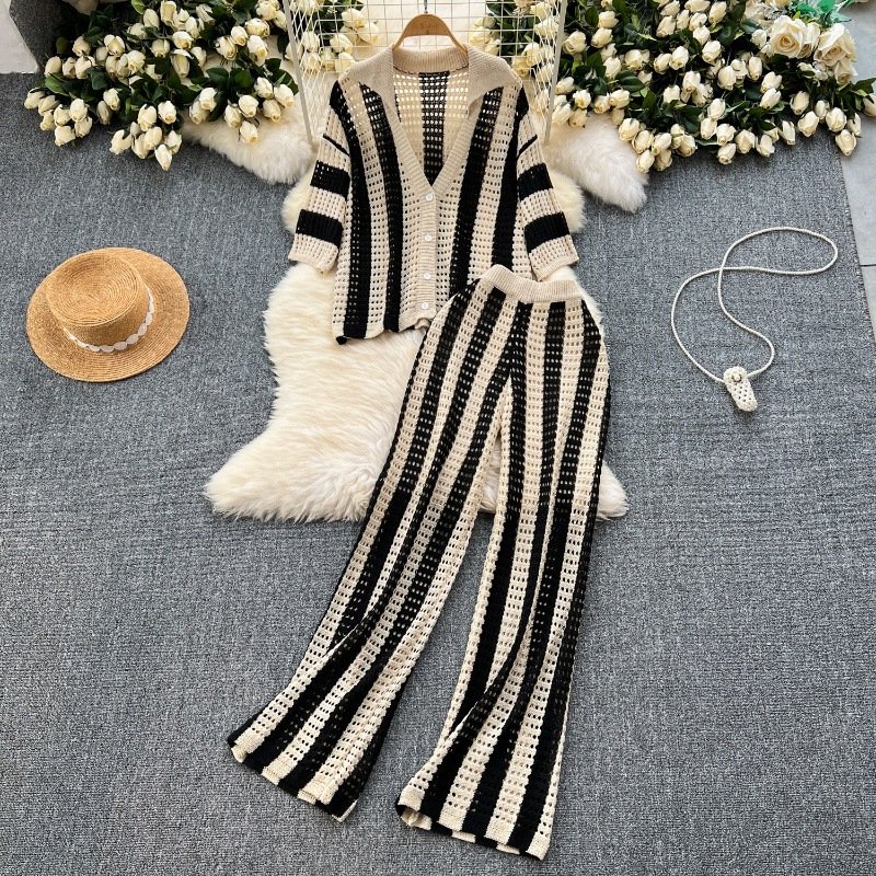 Hollow out knitted suit colormatching striped lapel single-breasted knitted cardigan top + loose slim wide-leg pants 2-piece set