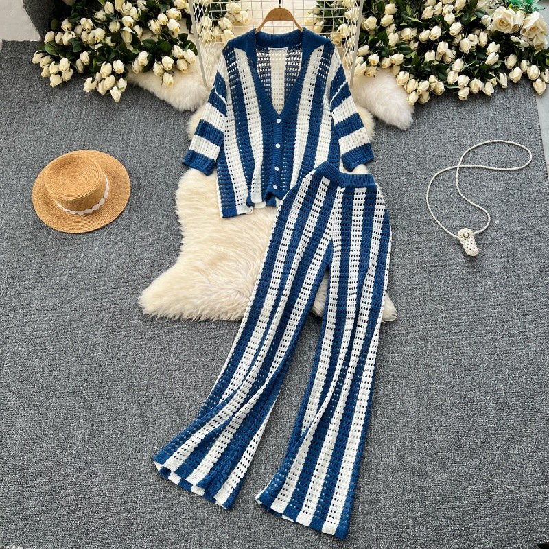 Hollow out knitted suit colormatching striped lapel single-breasted knitted cardigan top + loose slim wide-leg pants 2-piece set