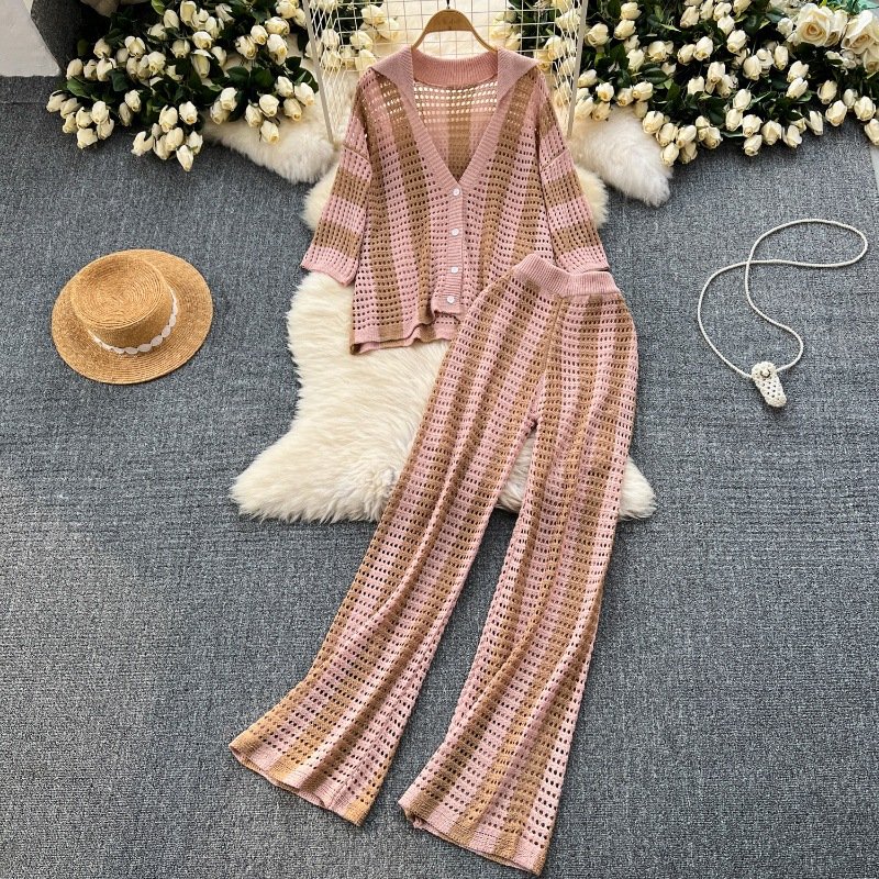 Hollow out knitted suit colormatching striped lapel single-breasted knitted cardigan top + loose slim wide-leg pants 2-piece set