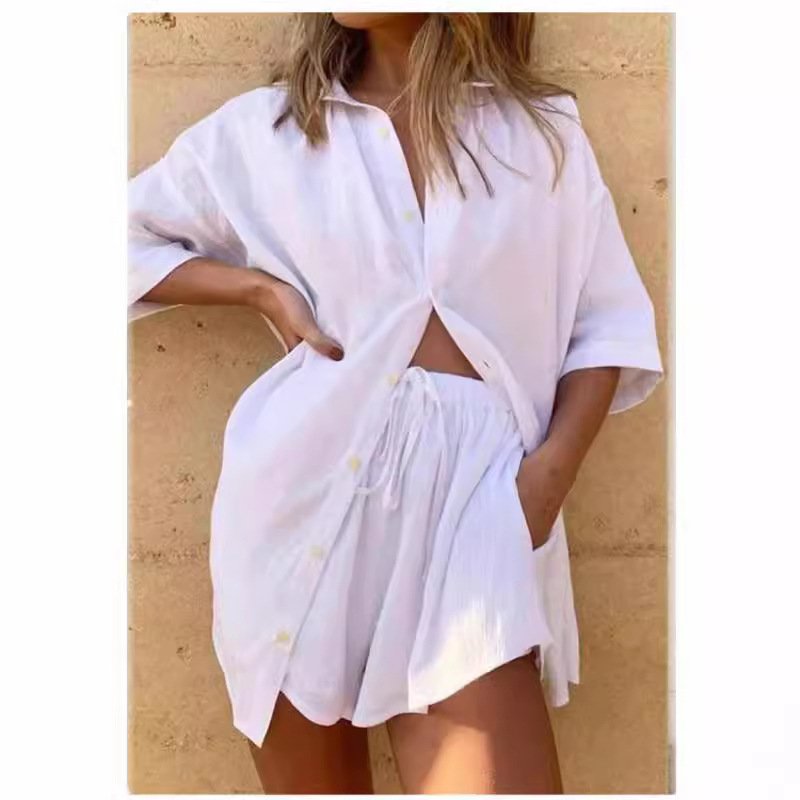 Europe and the United States 2024 women's solid color single-breasted short-sleeved shirt shorts loose casual two piecessuit