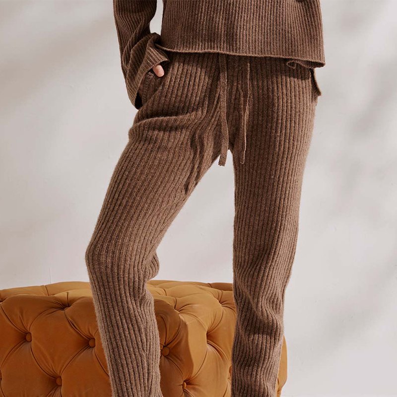 2024 Custom Autumn-Winter Women's Loose Wide Leg Rib Knit Wool Cashmere Pants Set Logo Decoration ODM Supply Ladies Pants