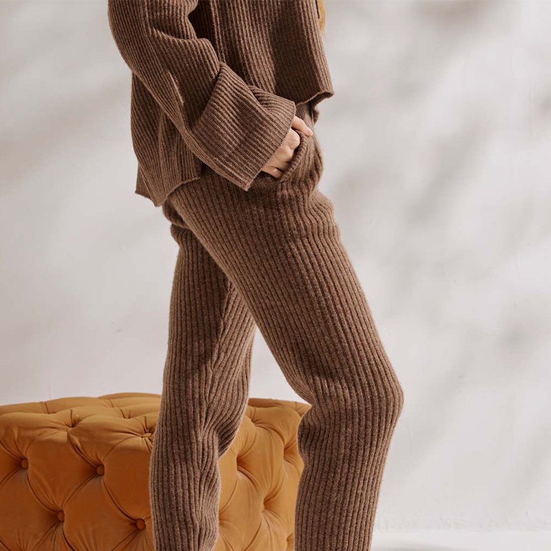 2024 Custom Autumn-Winter Women's Loose Wide Leg Rib Knit Wool Cashmere Pants Set Logo Decoration ODM Supply Ladies Pants