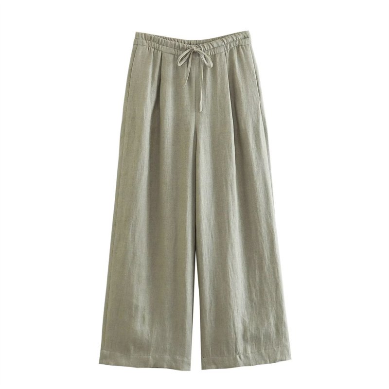 TAOP&ZA 2023 autumn new women's retro casual straight trousers light green linen natural waist wide-leg pants 7740102 7768023