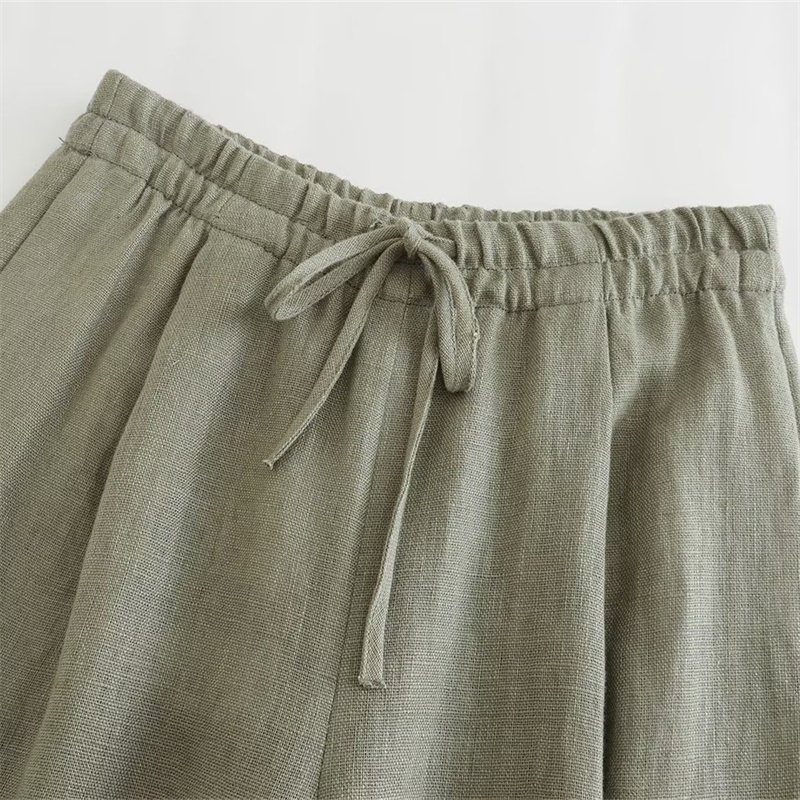TAOP&ZA 2023 autumn new women's retro casual straight trousers light green linen natural waist wide-leg pants 7740102 7768023