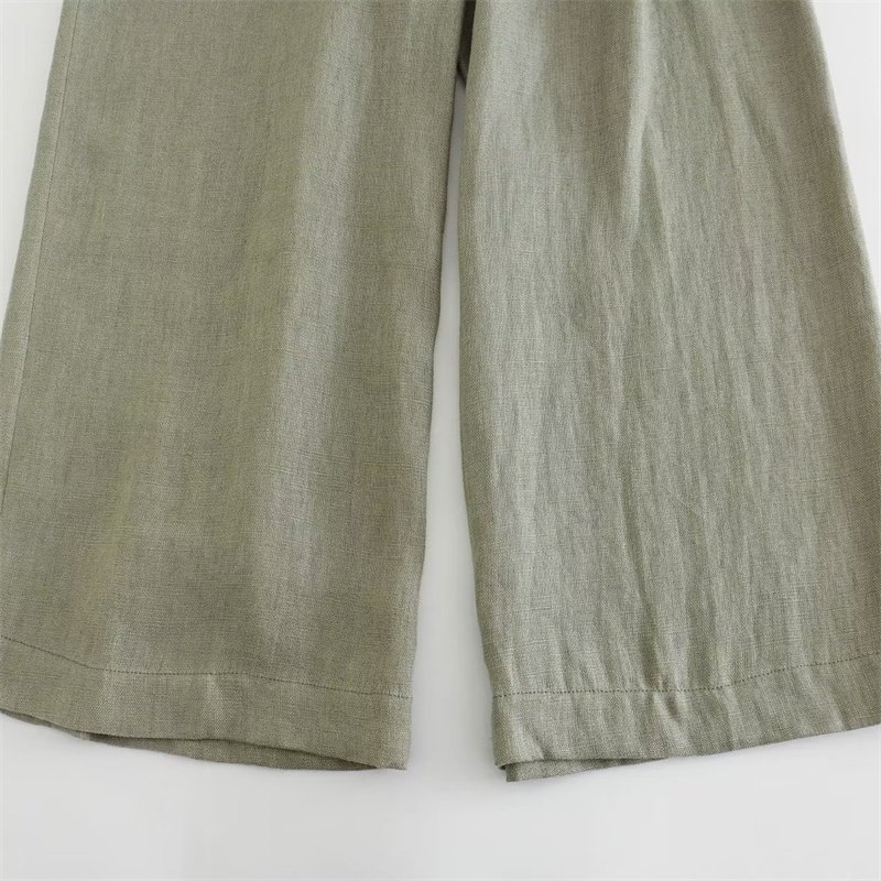 TAOP&ZA 2023 autumn new women's retro casual straight trousers light green linen natural waist wide-leg pants 7740102 7768023