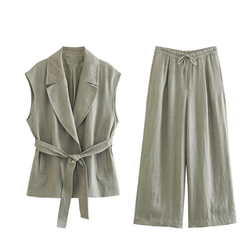 TAOP&ZA 2023 autumn new women's retro casual straight trousers light green linen natural waist wide-leg pants 7740102 7768023