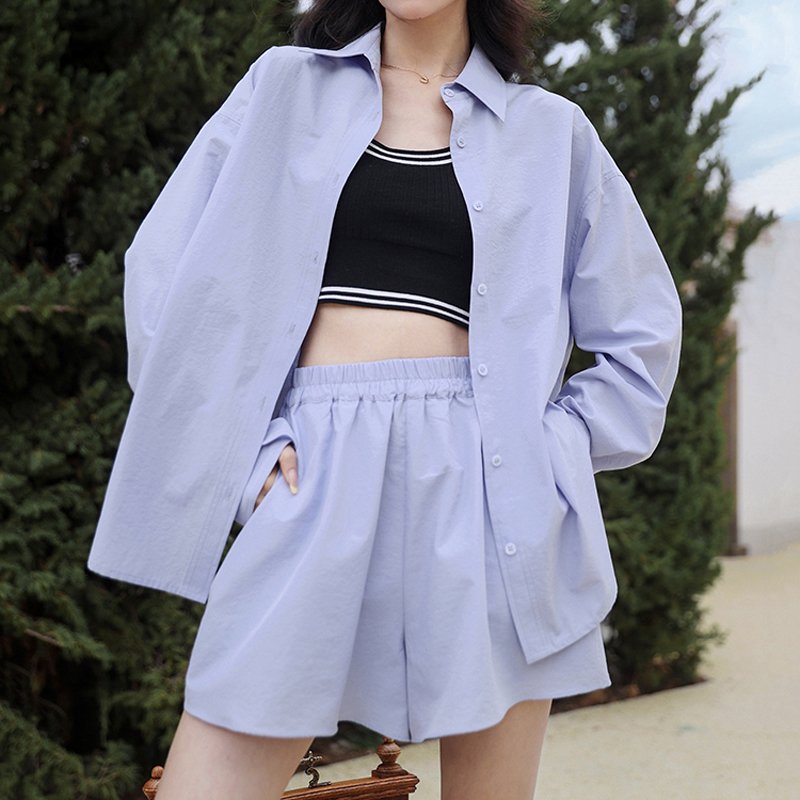 Custom High Quality 100% Cotton Linen Breathable Long Sleeve Shirt Shorts Two Pieces Sets Women's Summer Sets Elegant