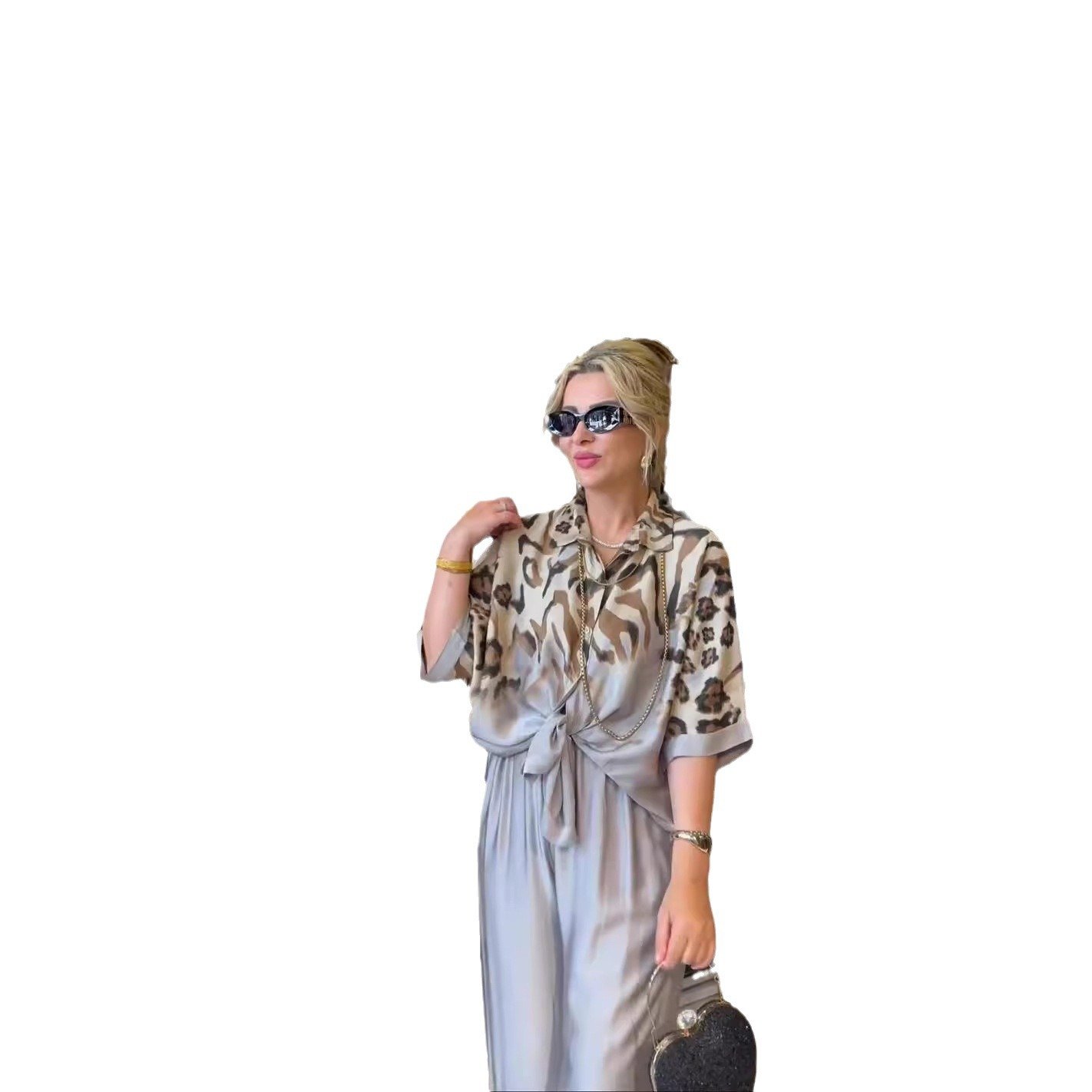 Boutique Wholesale 2024 Summer New Fashionable Irregular Printed Shirt Split Pants Temperament Women's Set