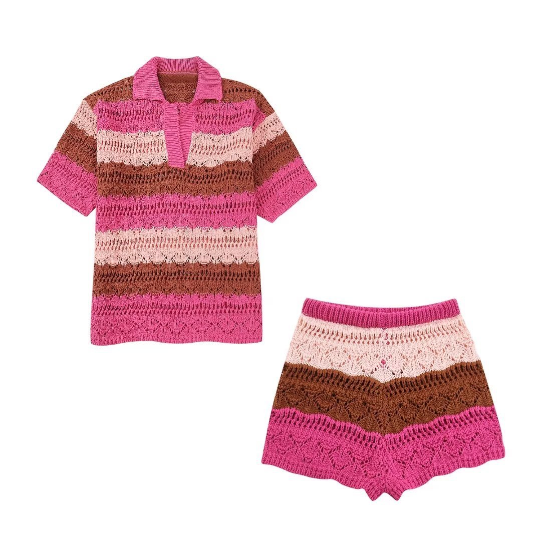 Fashion Casual Women Short Sleeve Color Blocking Striped Sweater Knit Top Shirt And Knit Shorts Ladies 2 Piece Set Women's Sets
