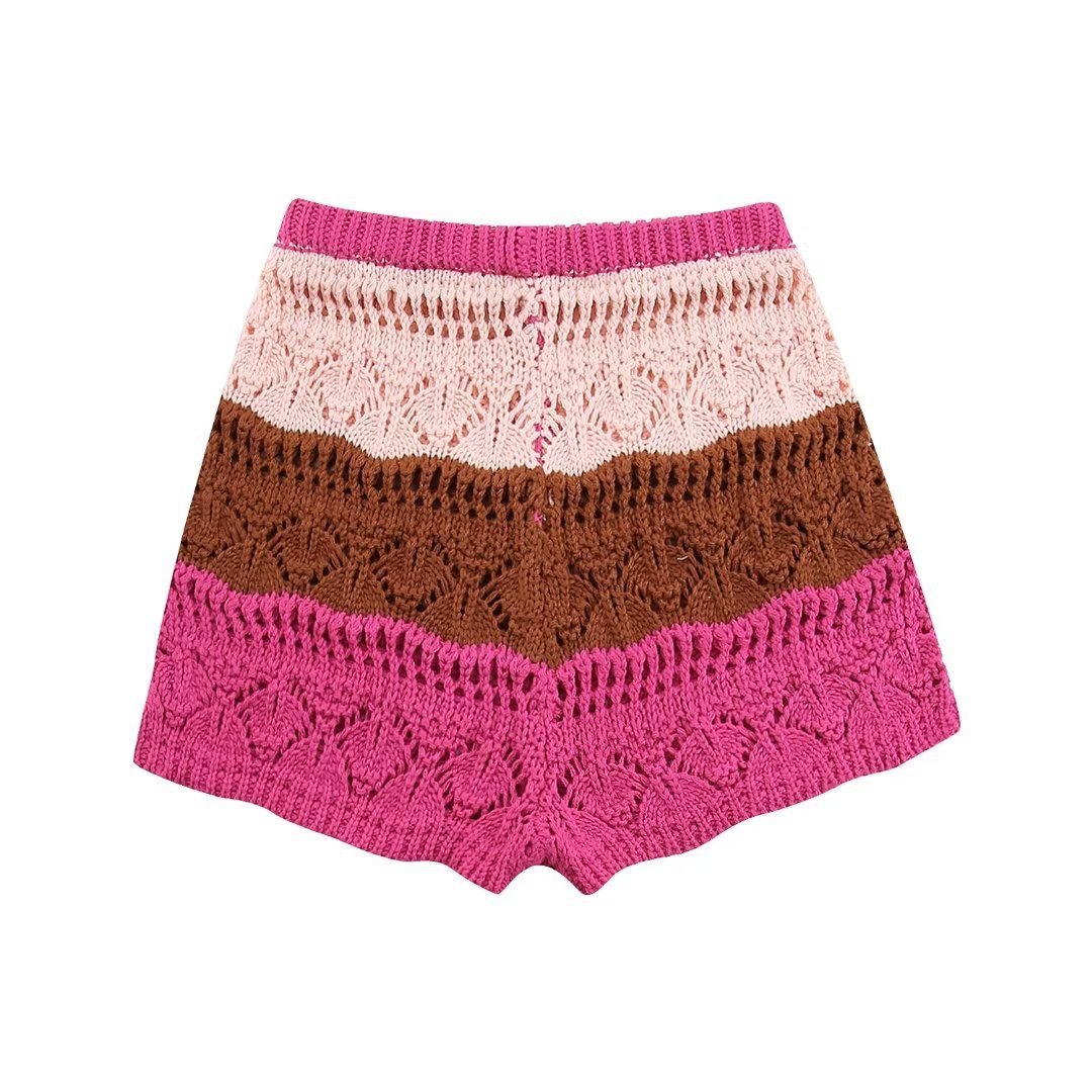 Fashion Casual Women Short Sleeve Color Blocking Striped Sweater Knit Top Shirt And Knit Shorts Ladies 2 Piece Set Women's Sets