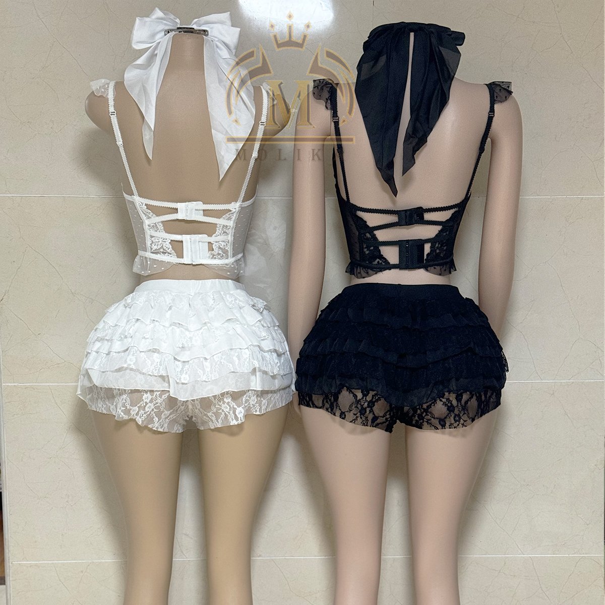 Sexy Women Bra Sets Lace See Through Corset Crop Top+Mesh Shorts+Bow 3 Piece Matching Y2K Two Piece Shorts Sets Women Clothing