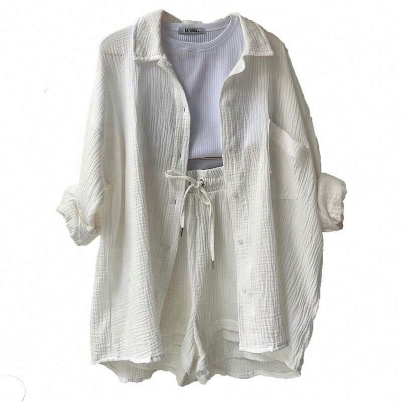 Factory wholesale women's suits Long-sleeved shirt high-waisted drawstring shorts loose fashionable casual women suit set