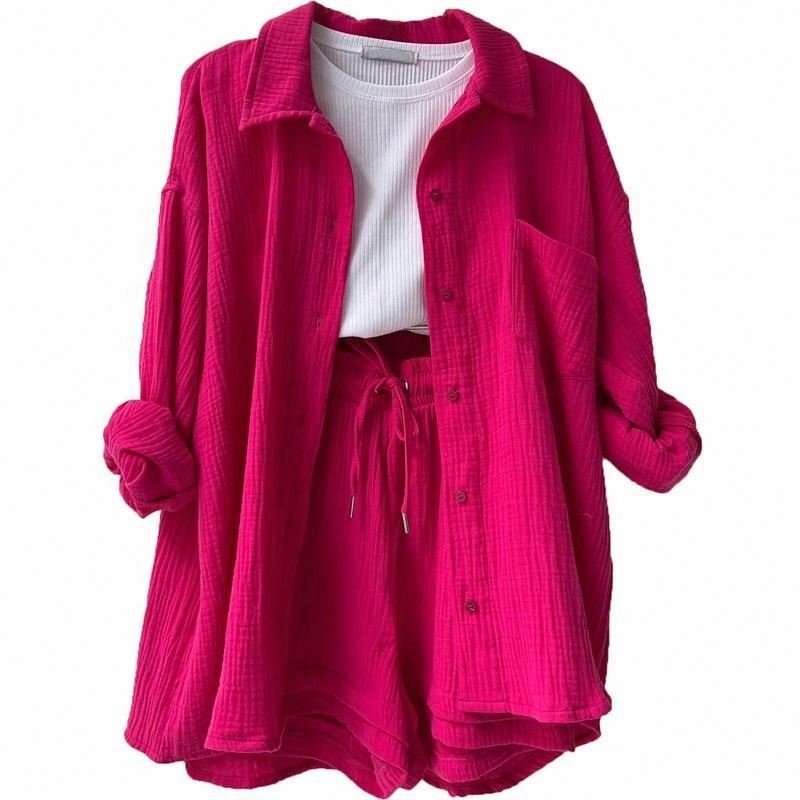 Factory wholesale women's suits Long-sleeved shirt high-waisted drawstring shorts loose fashionable casual women suit set