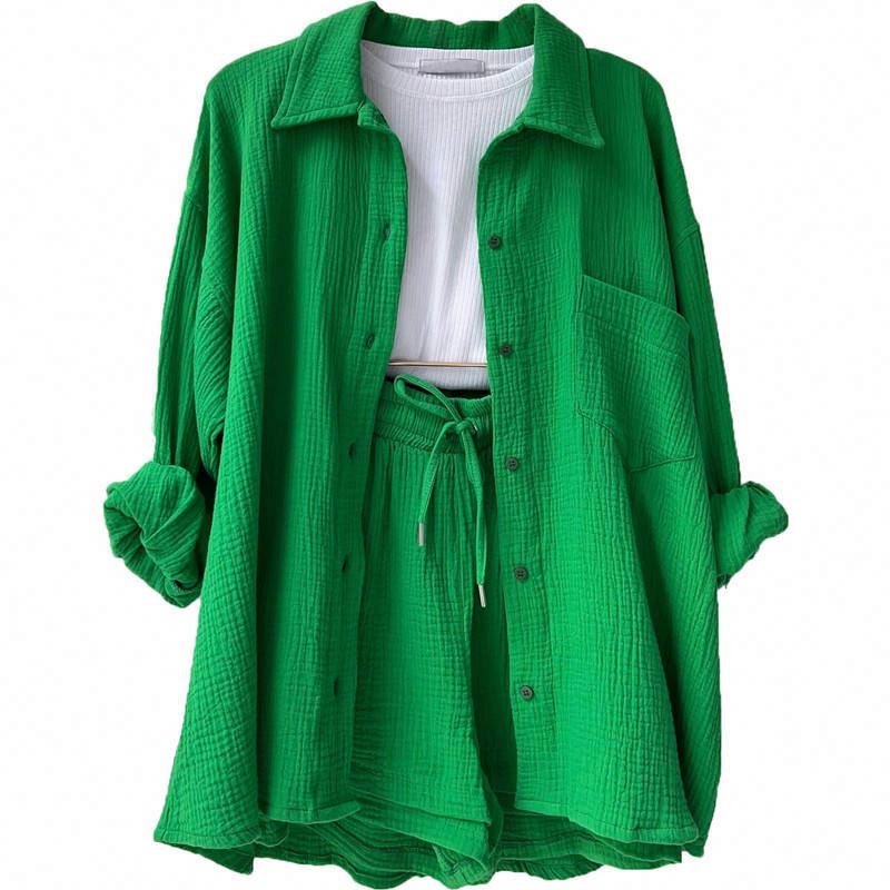 Factory wholesale women's suits Long-sleeved shirt high-waisted drawstring shorts loose fashionable casual women suit set