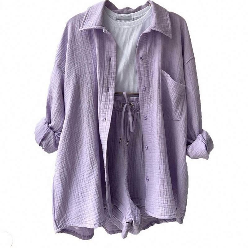 Factory wholesale women's suits Long-sleeved shirt high-waisted drawstring shorts loose fashionable casual women suit set