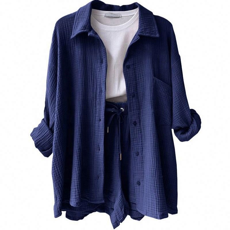 Factory wholesale women's suits Long-sleeved shirt high-waisted drawstring shorts loose fashionable casual women suit set