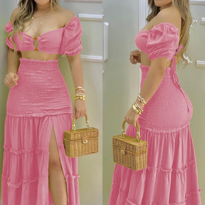New Sweet One-Shoulder Hollow Short-Sleeved Top With High Slit Women'S Skirt 2-Piece Set