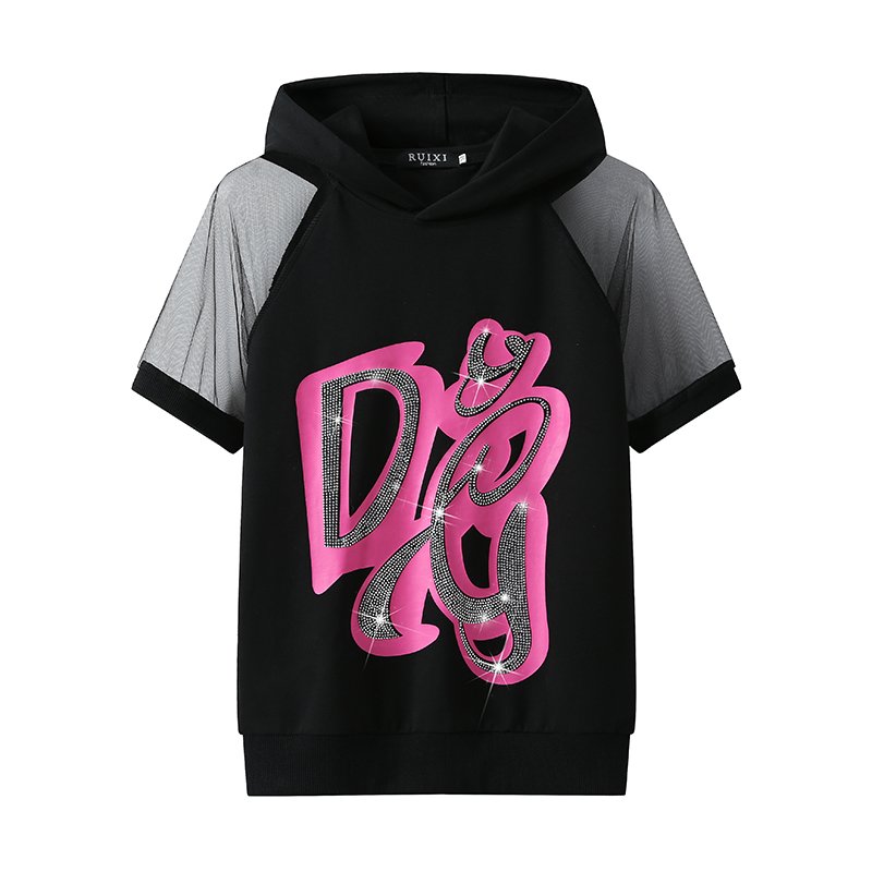 Fashion Two Piece Set Women Clothing Printed Rhinestone Short Sleeve Hoodie Pant Set