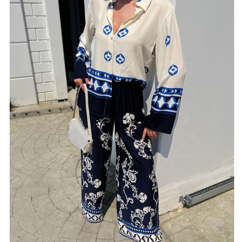 Spot Women's New Long Sleeve Printed Loose Top Shirt Long Pants Two Piece Set