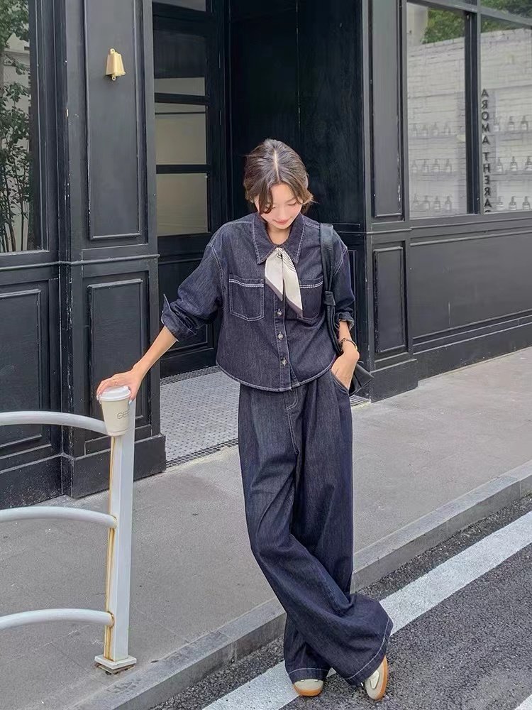 Boutique Wholesale 2024 Autumn New Fashionable Casual Denim Shirt High Waist Wide Leg Pants Women's Set