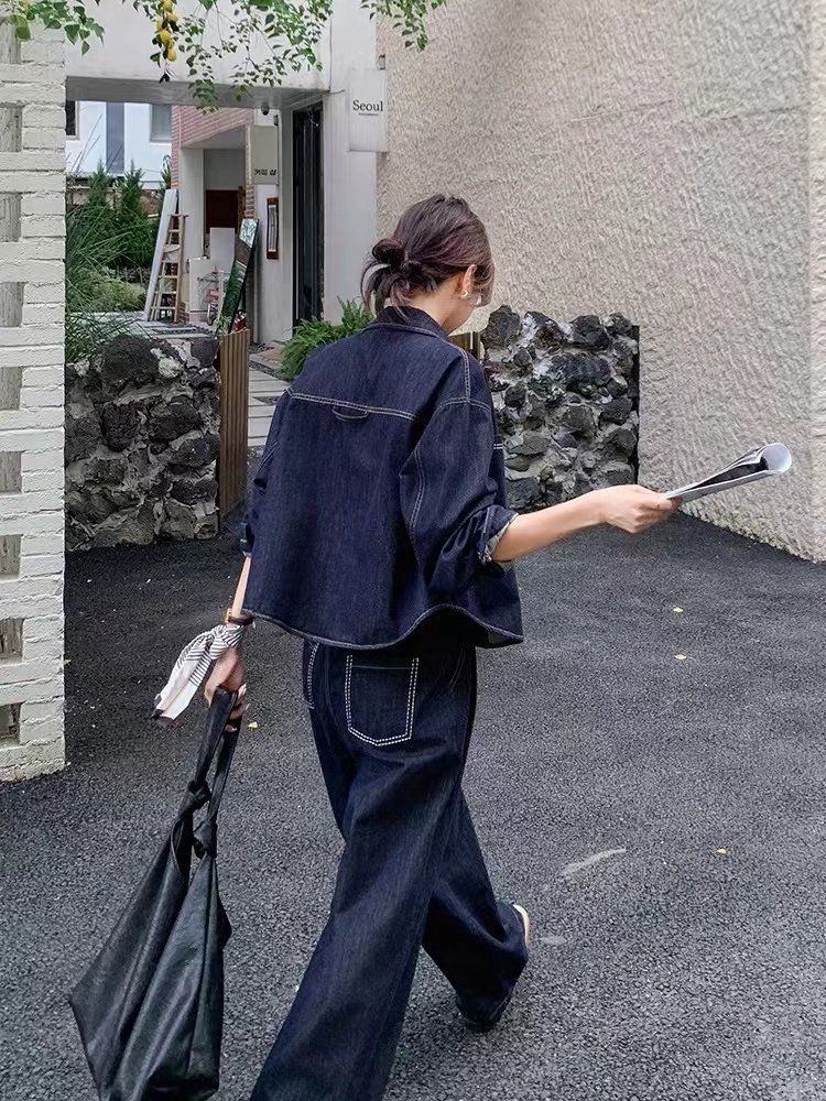 Boutique Wholesale 2024 Autumn New Fashionable Casual Denim Shirt High Waist Wide Leg Pants Women's Set