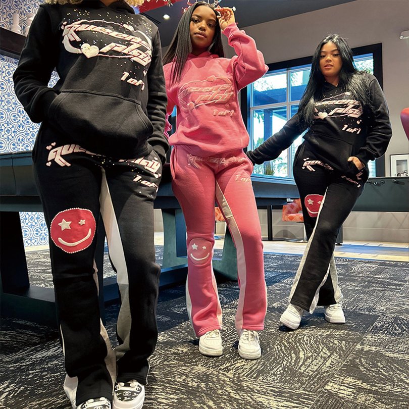 Custom Logo Cropped Hoodies Jogger 2 Piece Set Woman Clothing,Oversized Puff Print Womens Hoodies and Sweat Pants Set