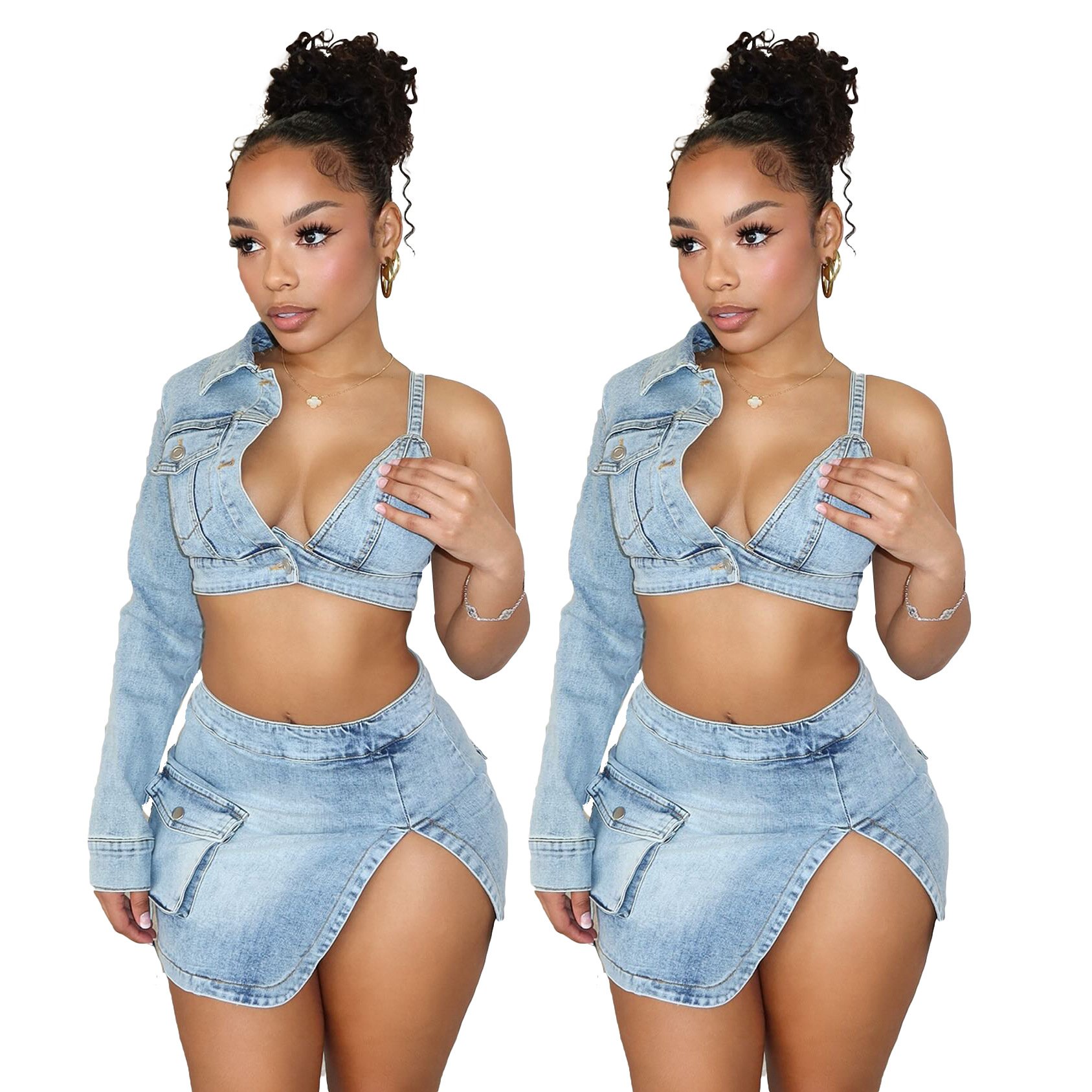 2024 Fashion Denim Women's Set Long One Sleeve Crop Jacket and Side Split Jeans Midi Skirt Two 2 Piece Sets Outfits