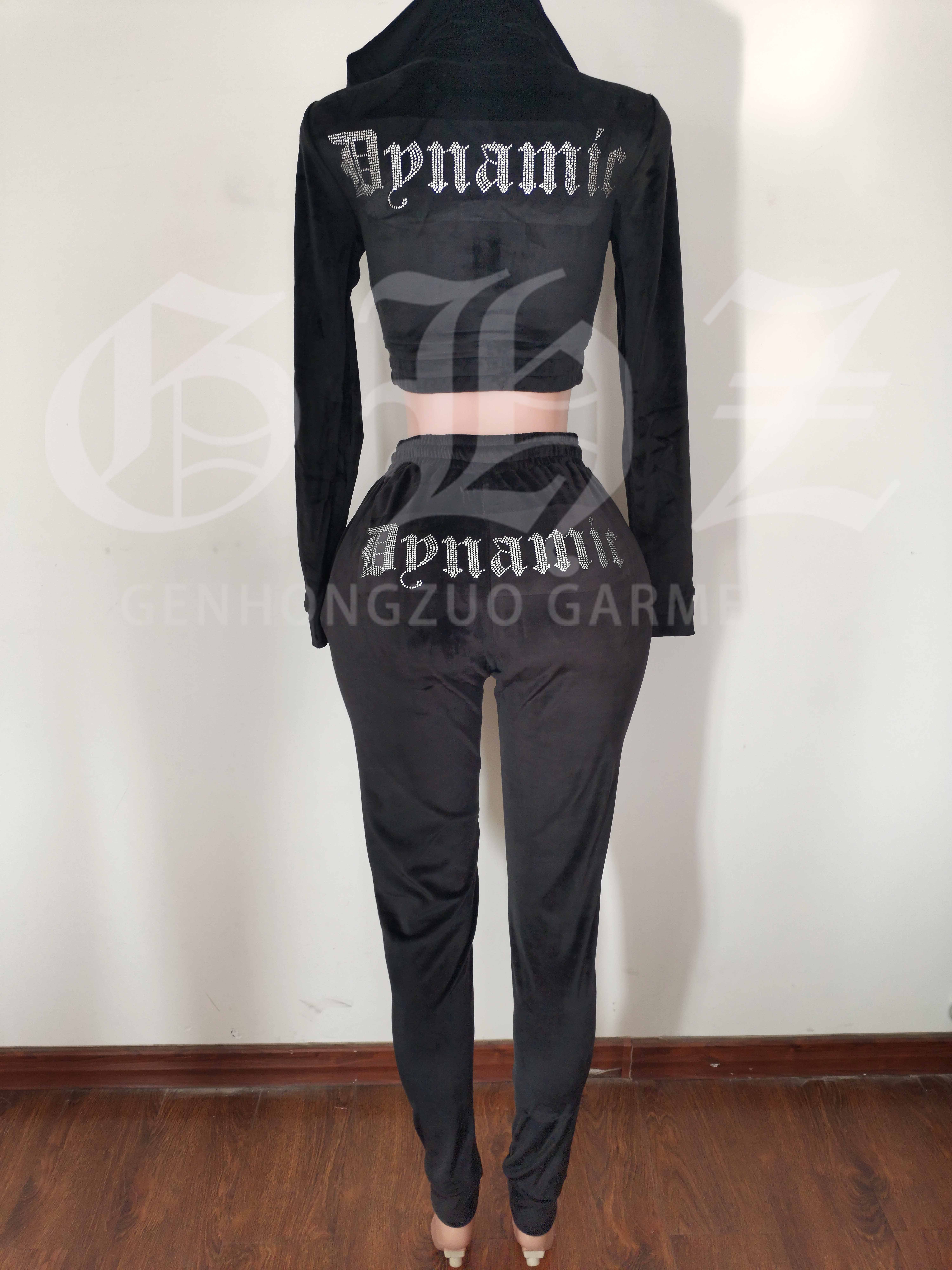 Fall 2024 Custom Rhinestone LOGO Women Clothes Crop Top Full Zip Up Velvet Velour Tracksuit Jogger Pants 2 Piece Women's Sets