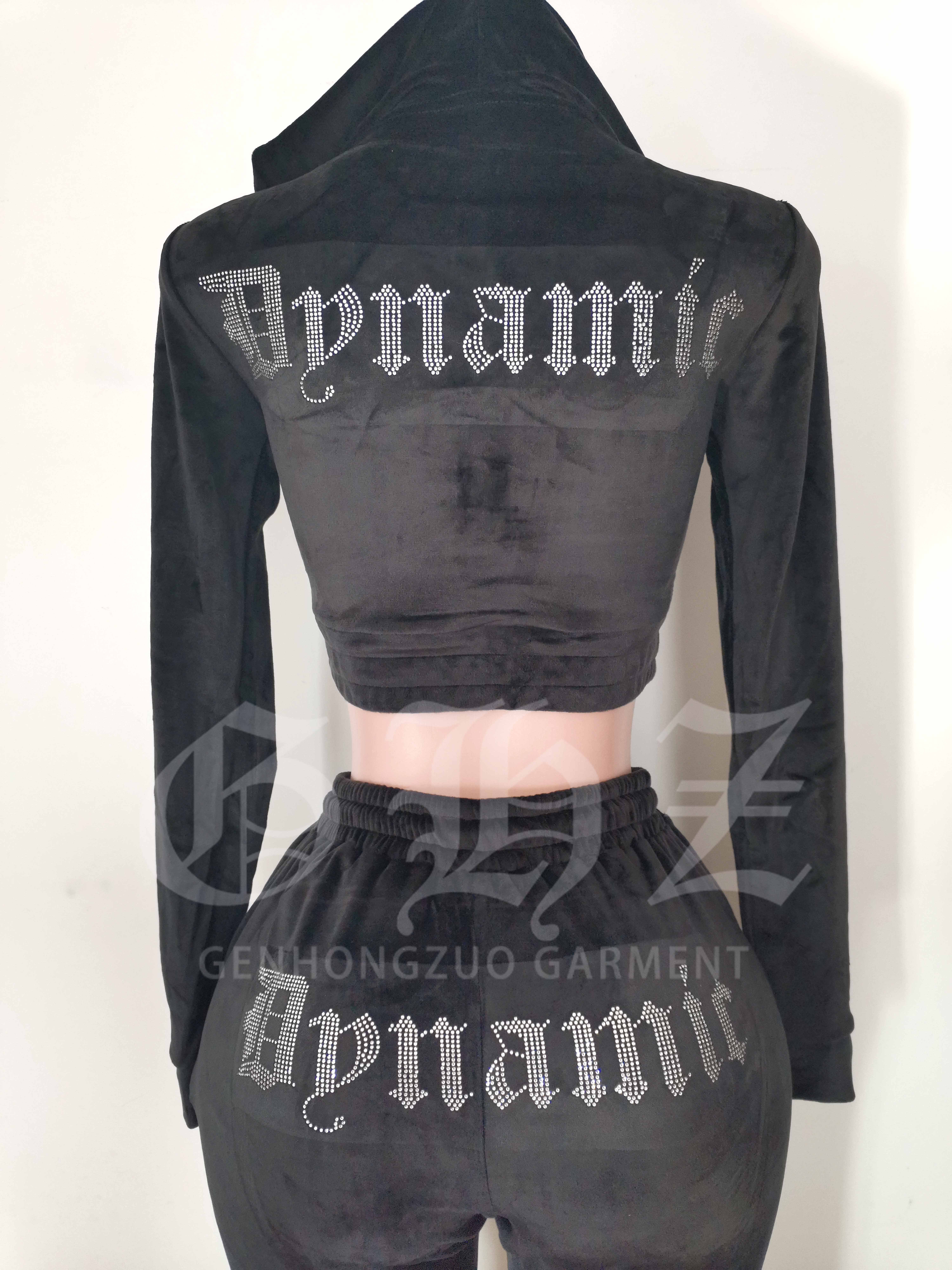 Fall 2024 Custom Rhinestone LOGO Women Clothes Crop Top Full Zip Up Velvet Velour Tracksuit Jogger Pants 2 Piece Women's Sets