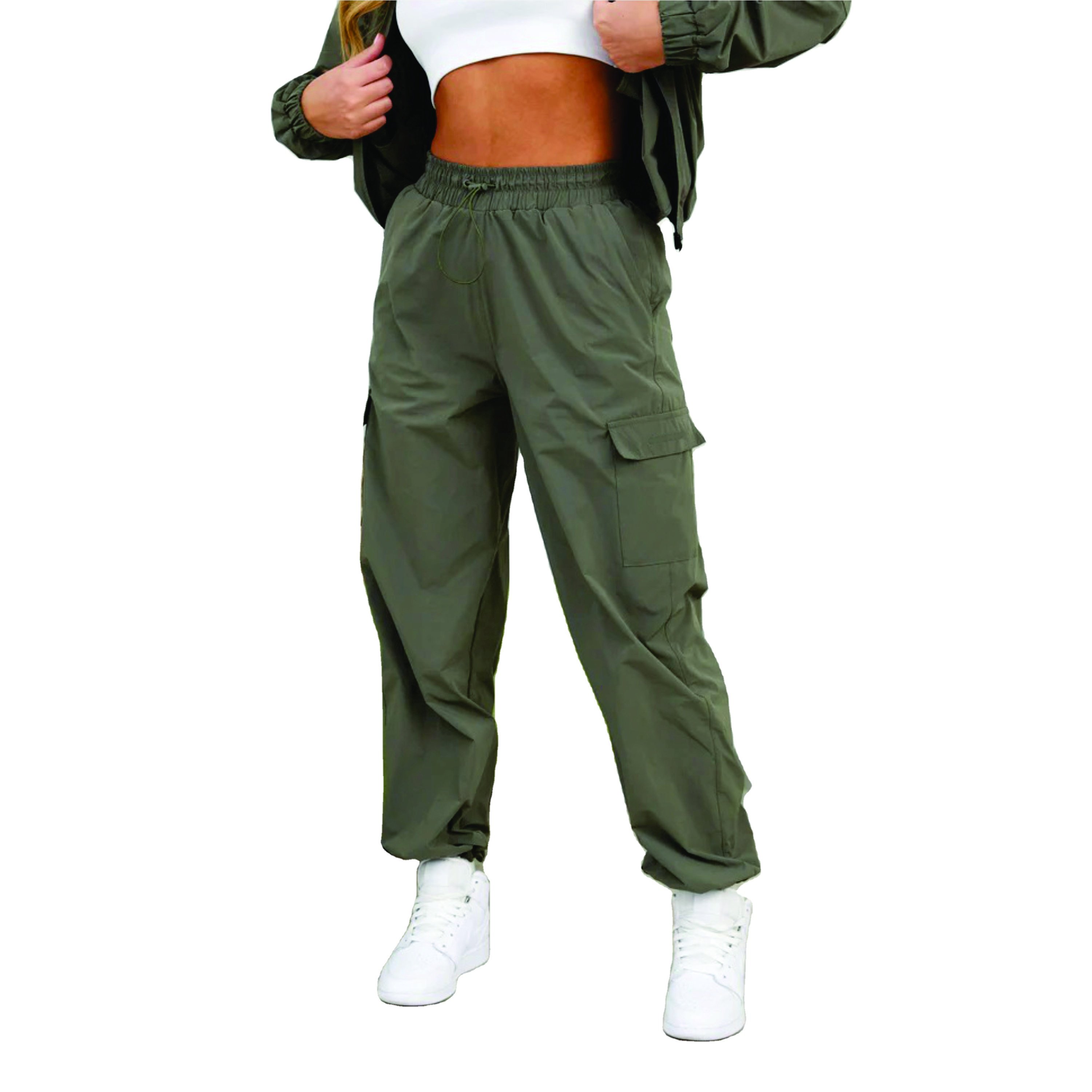 Premium Stretch Nylon Fabric 85% Polyamide 15% Elastane Utility Woven Cargo Pant Olive Women's Cargo Trousers