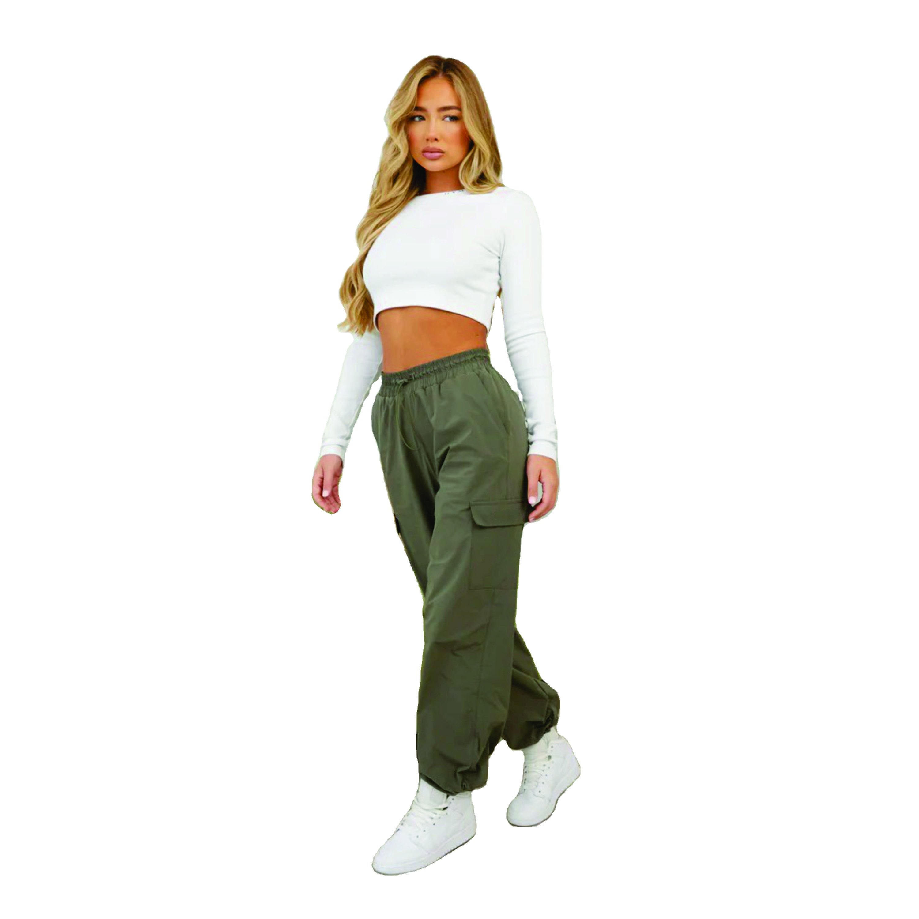 Premium Stretch Nylon Fabric 85% Polyamide 15% Elastane Utility Woven Cargo Pant Olive Women's Cargo Trousers