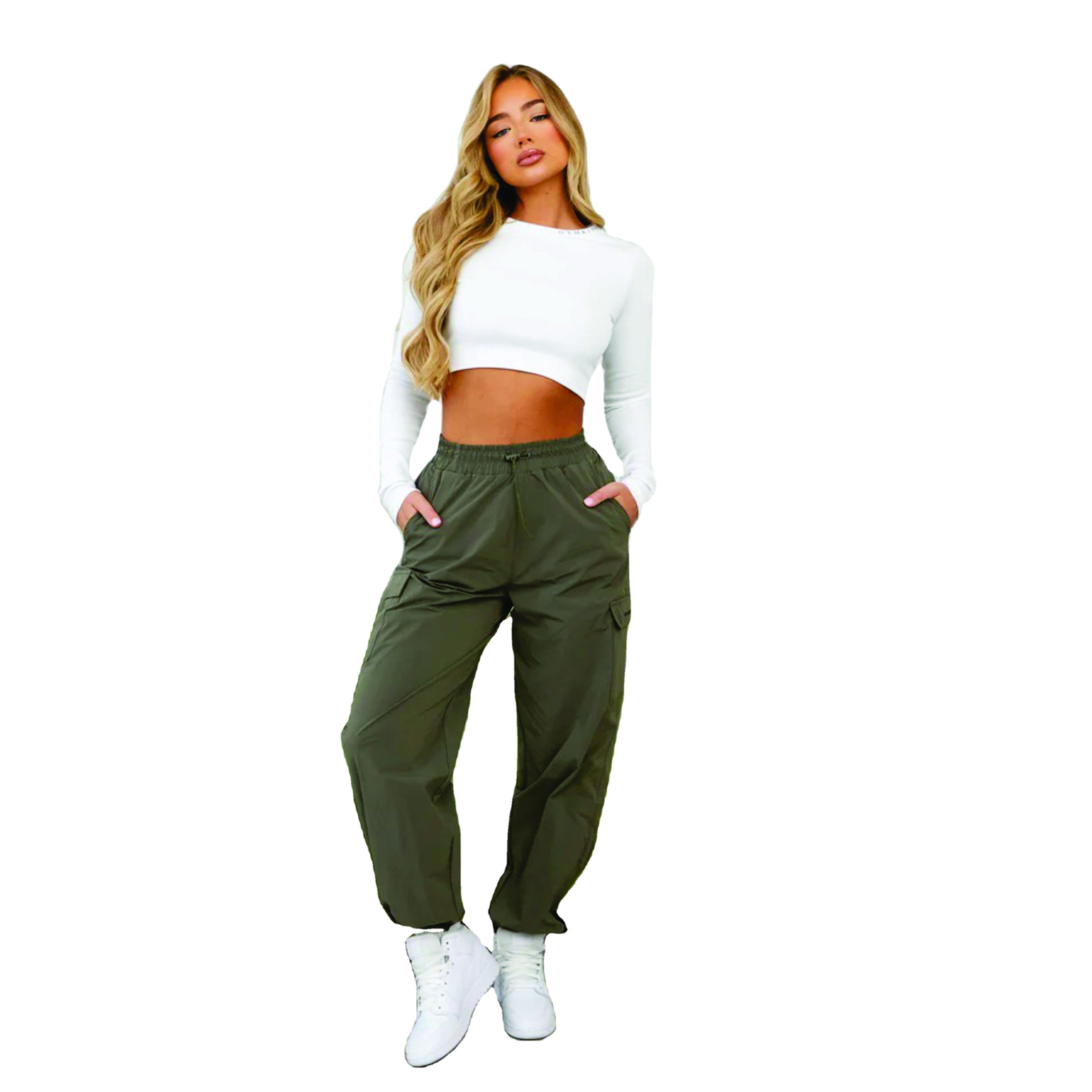 Premium Stretch Nylon Fabric 85% Polyamide 15% Elastane Utility Woven Cargo Pant Olive Women's Cargo Trousers