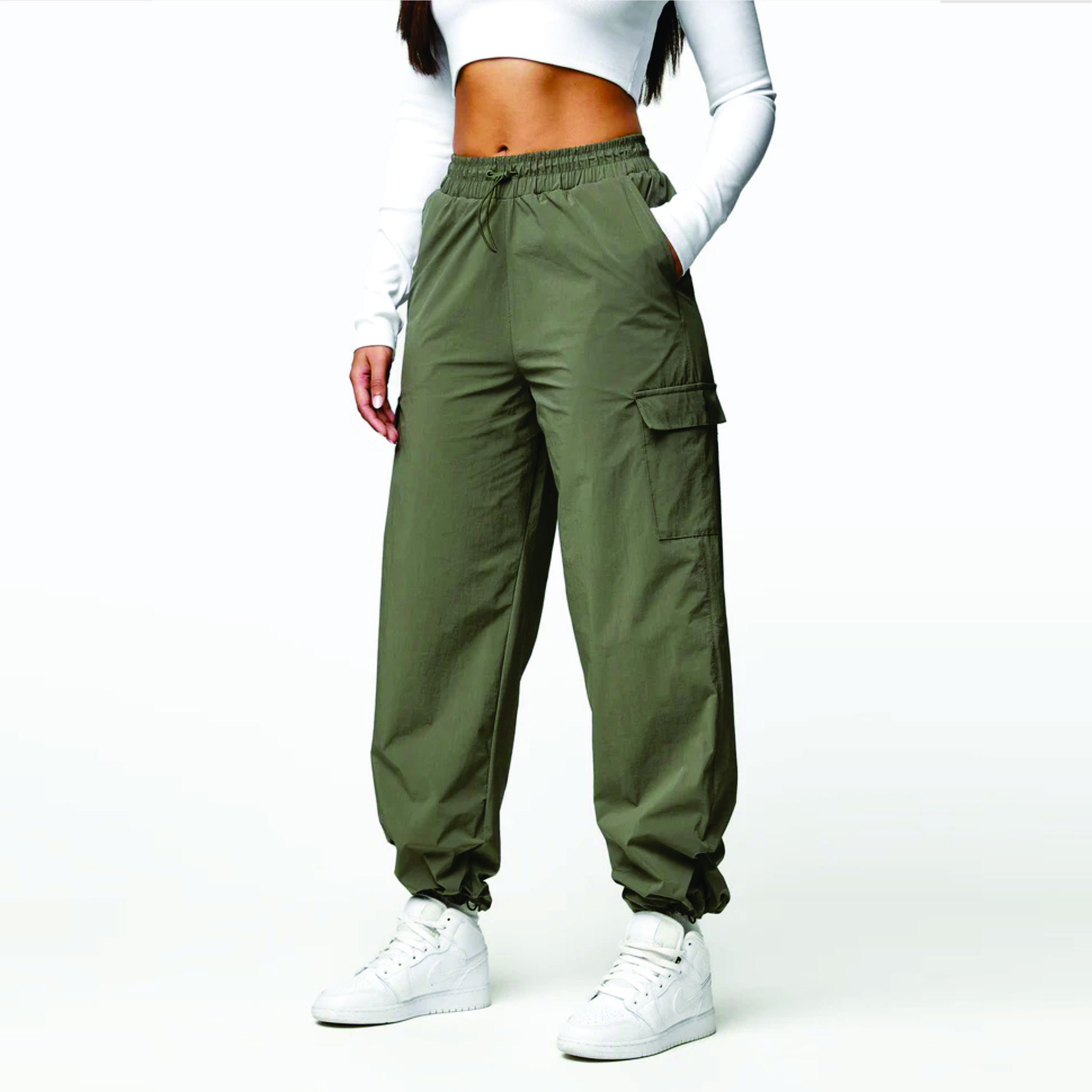 Premium Stretch Nylon Fabric 85% Polyamide 15% Elastane Utility Woven Cargo Pant Olive Women's Cargo Trousers