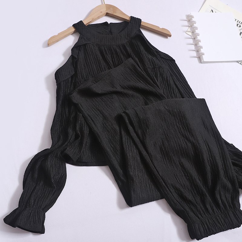 Boutique Wholesale 2024 Autumn Fashion Temperament Off Shoulder Long Sleeved Shirt Casual Wide Leg Pants Women's Sets