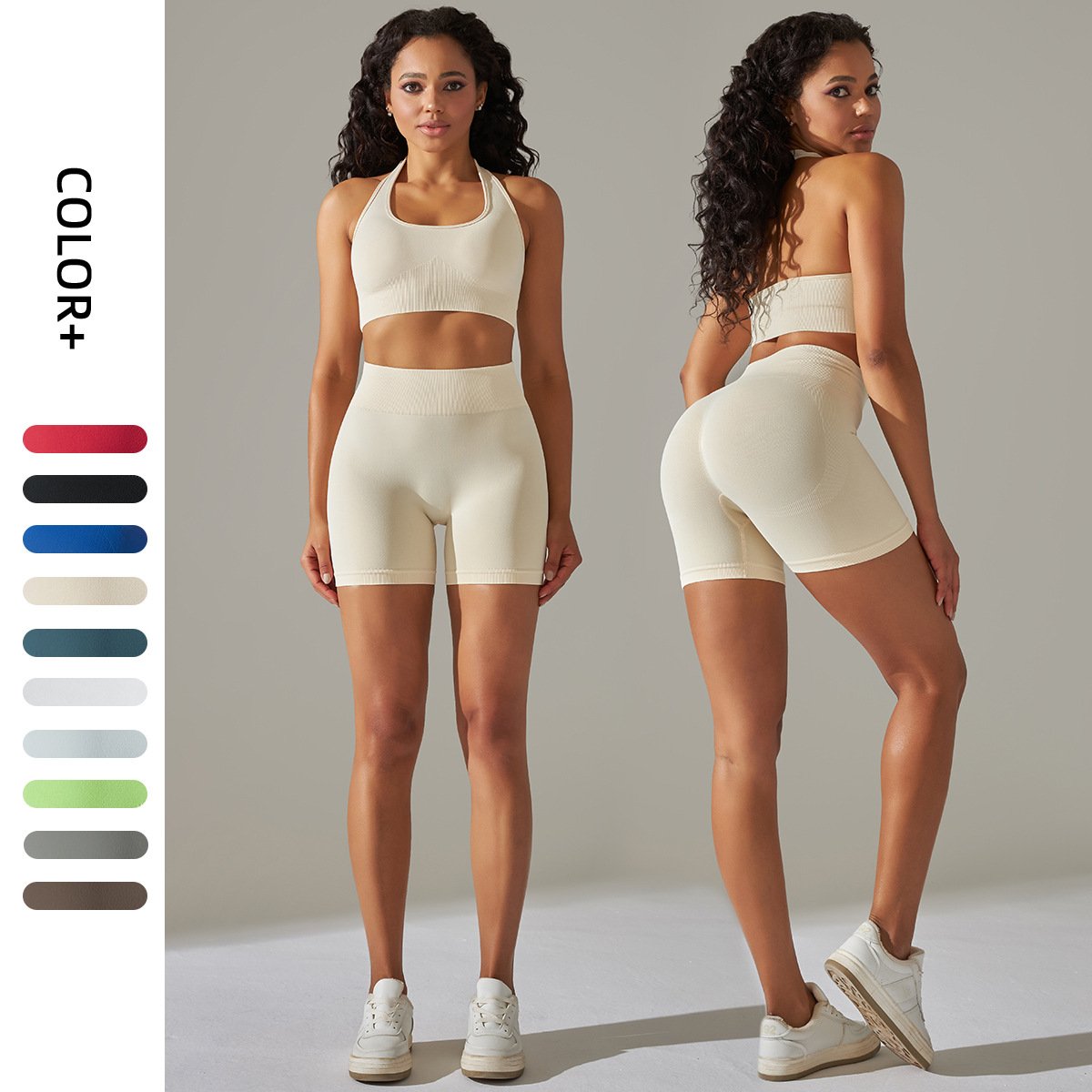 Women's Seamless Gym Fitness Yoga Sports Sets Halter Neck Bra Elastic Waist Shorts Lightweight Four-Way Stretch Workout Wear