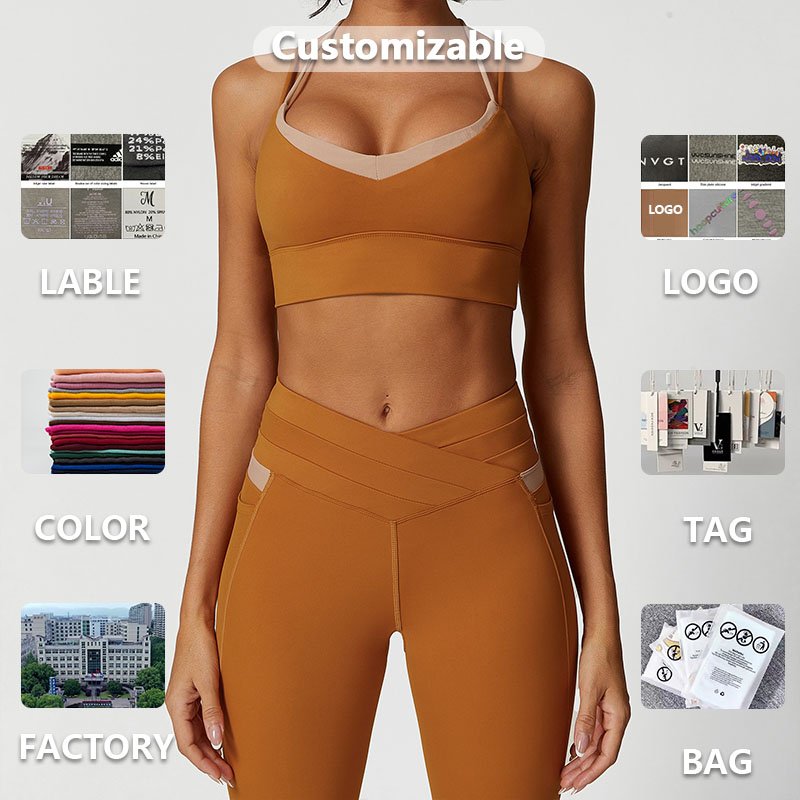 XW-PTS2395 2 Piece Activewear Cross Back Sports Bra V Cut Waist Workout Pants Women's Sets Gym Crop Top And Yoga Legging Set