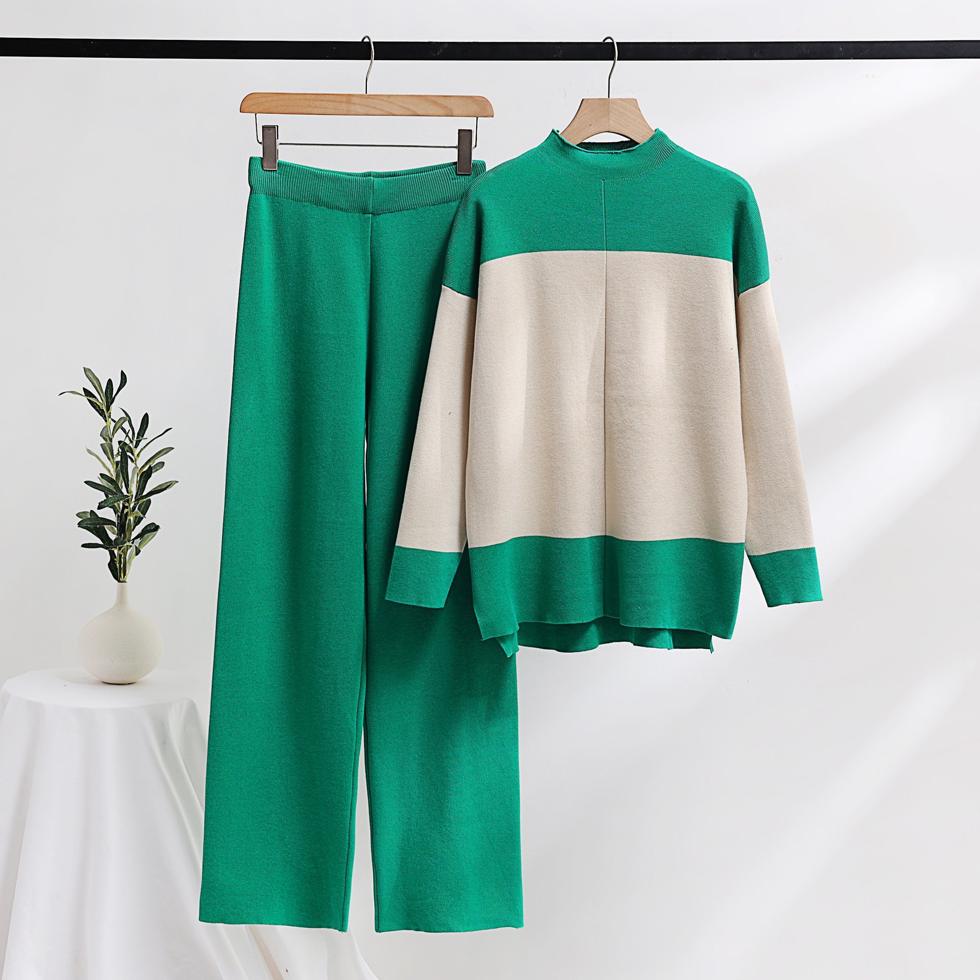 LE4709 Autumn And Winter Comfortable Casual Suit Knit Sweater Wide Leg Trousers Commuter Two-Piece Women'S Set