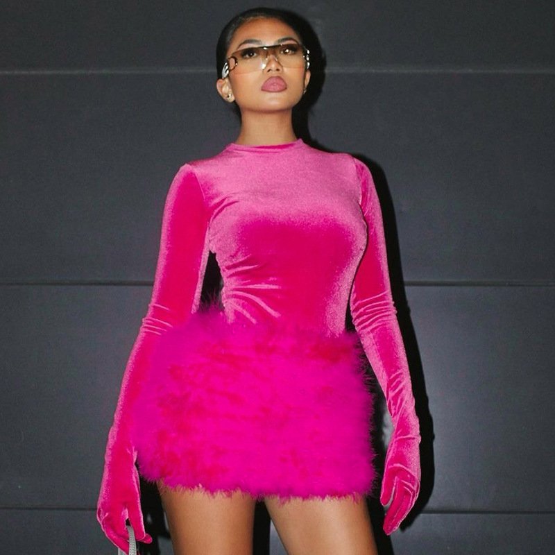 S3813935a Autumn New Fashion Women Two Piece Skirt Set Crew Neck Long Sleeve Bodysuit Plush Skirt Suit 2pc Outfit Women