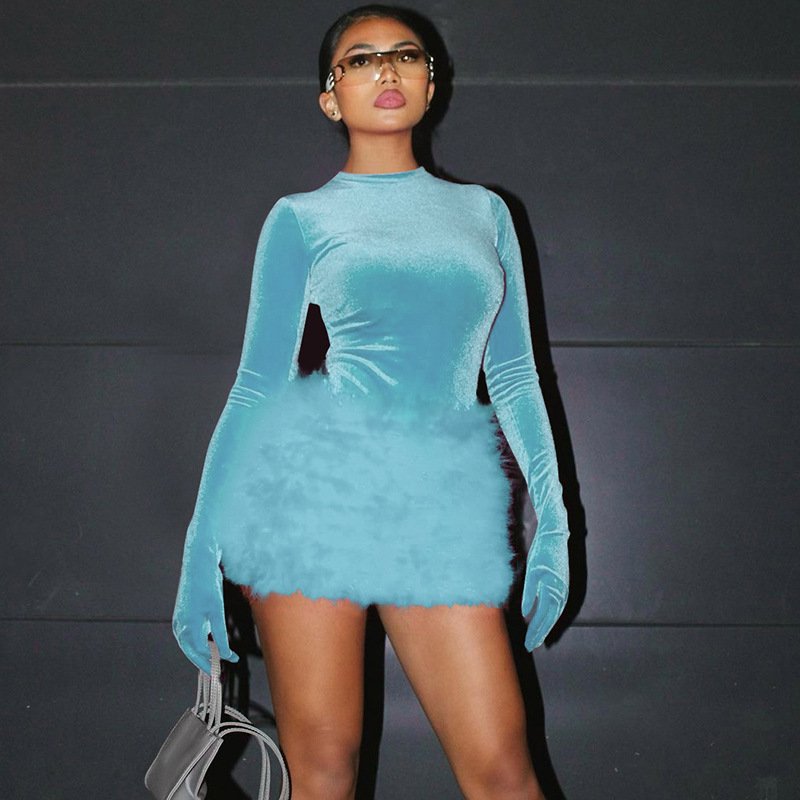 S3813935a Autumn New Fashion Women Two Piece Skirt Set Crew Neck Long Sleeve Bodysuit Plush Skirt Suit 2pc Outfit Women