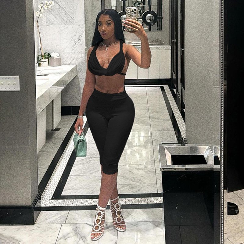 Peeqi K24S54948 fashion autumn 2024 new sexy solid halter cut out top outfits long pants set 2 piece set women women's sets