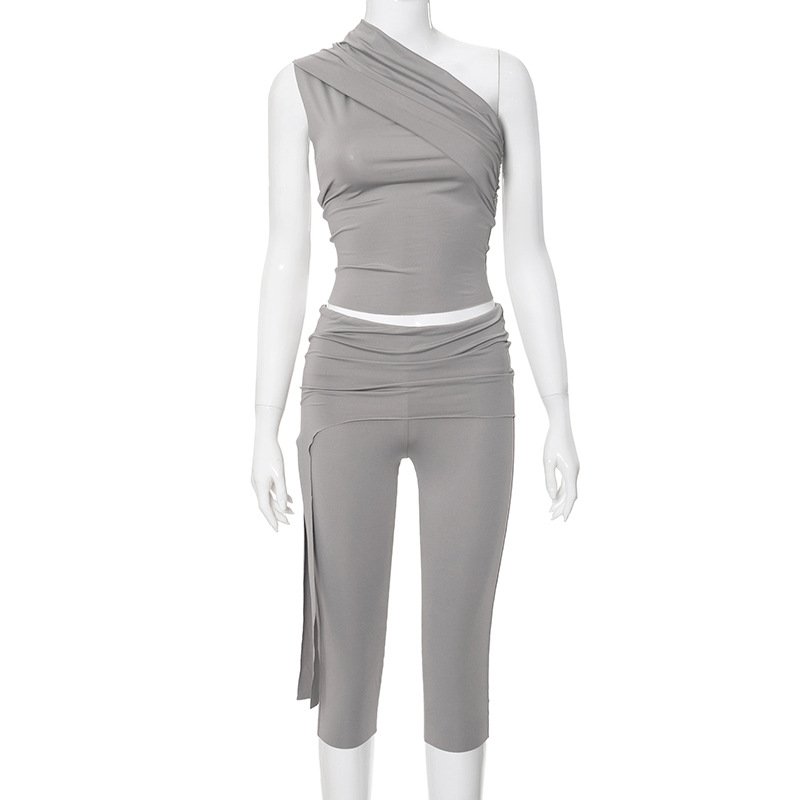 Fashion Sleeveless Asymmetrical Shirt Tops Midi Pleated Short Solid Plain Bodycon Two Piece Short Set Casual 2 Piece Set Women