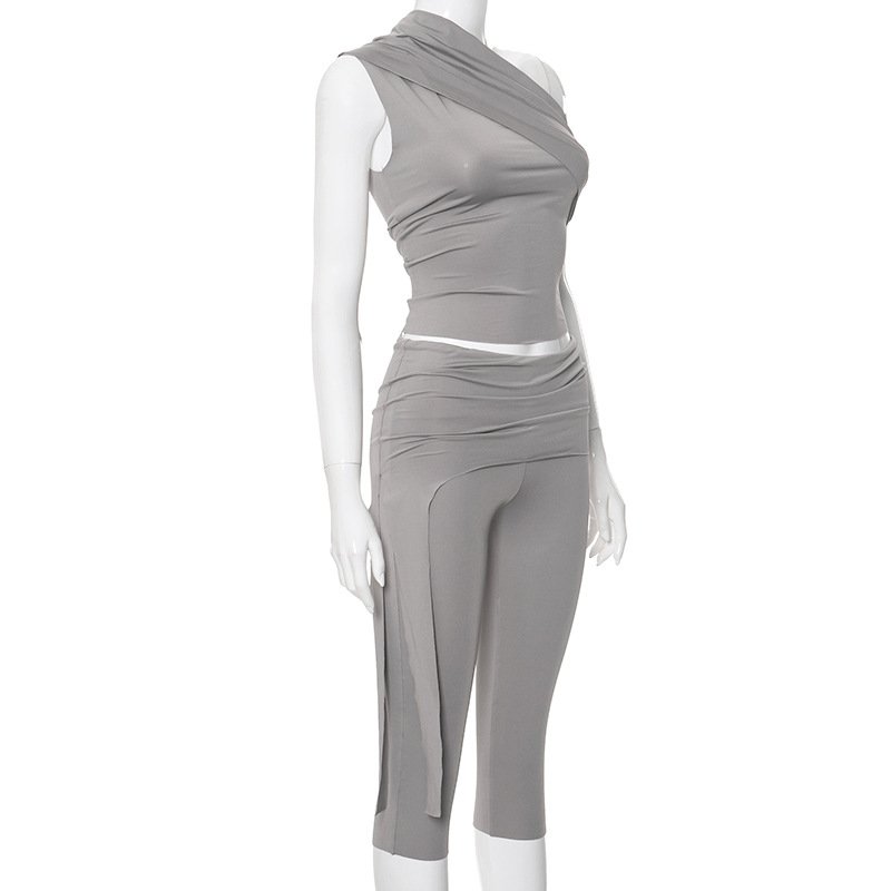 Fashion Sleeveless Asymmetrical Shirt Tops Midi Pleated Short Solid Plain Bodycon Two Piece Short Set Casual 2 Piece Set Women