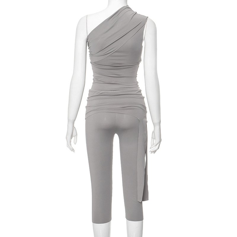 Fashion Sleeveless Asymmetrical Shirt Tops Midi Pleated Short Solid Plain Bodycon Two Piece Short Set Casual 2 Piece Set Women
