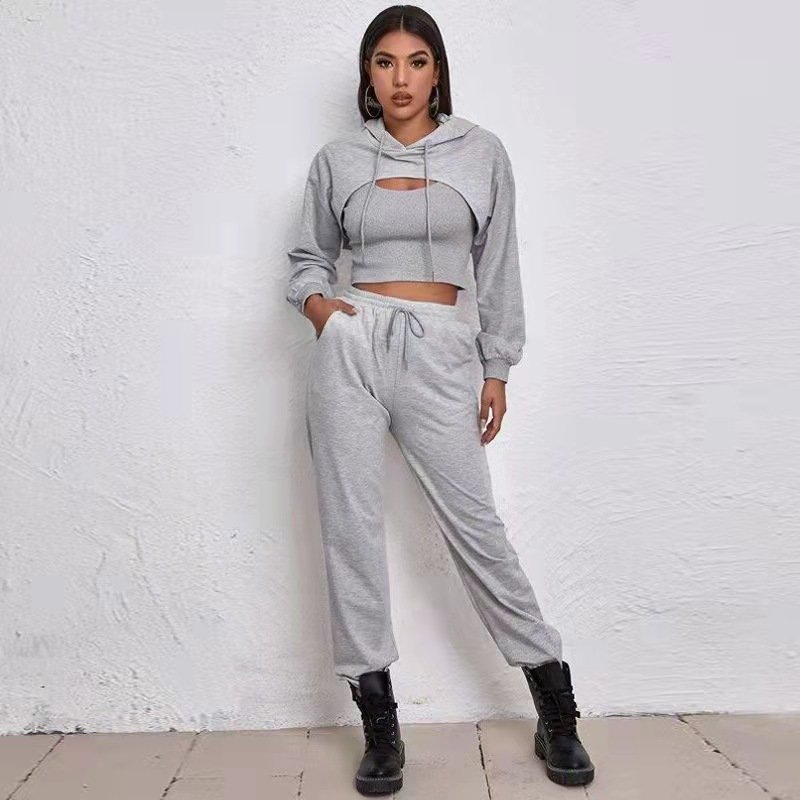 New Arrival Casual 3 Piece Loose Cropped Pullover Sweatshirt Hoodie Set Fashion Streetwear Black Hollow Out Women Jogger Set